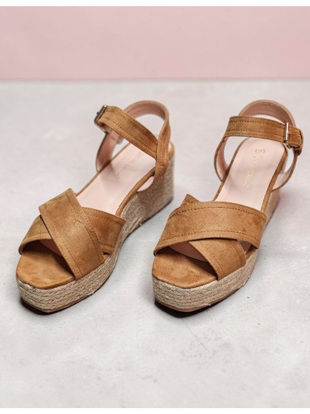 Camel Suede Espadrille Wedge Sandals With Ankle Strap & Buckle Closure For Women - Picture 7 of 13